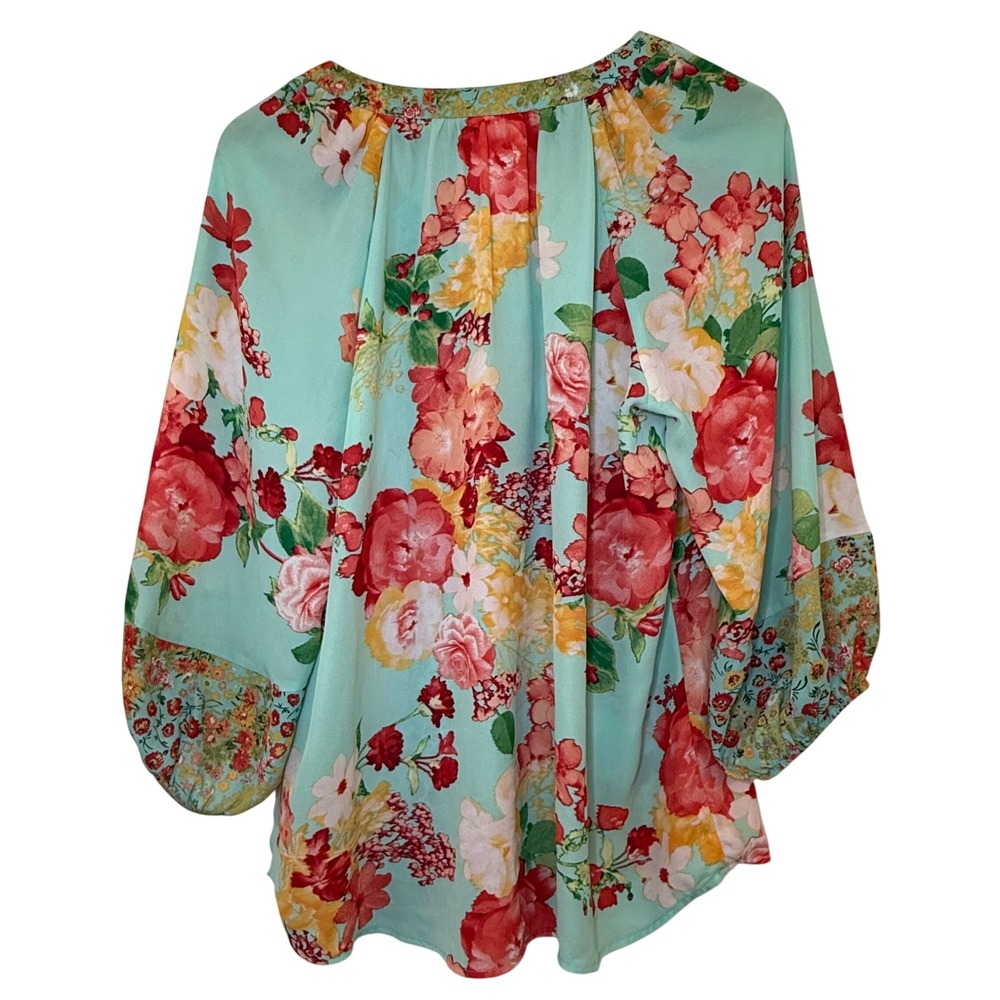 Fig and Flower Floral Blouse Womens Medium Teal Mixed Print‎ Excellent Boho Top - Picture 4 of 10